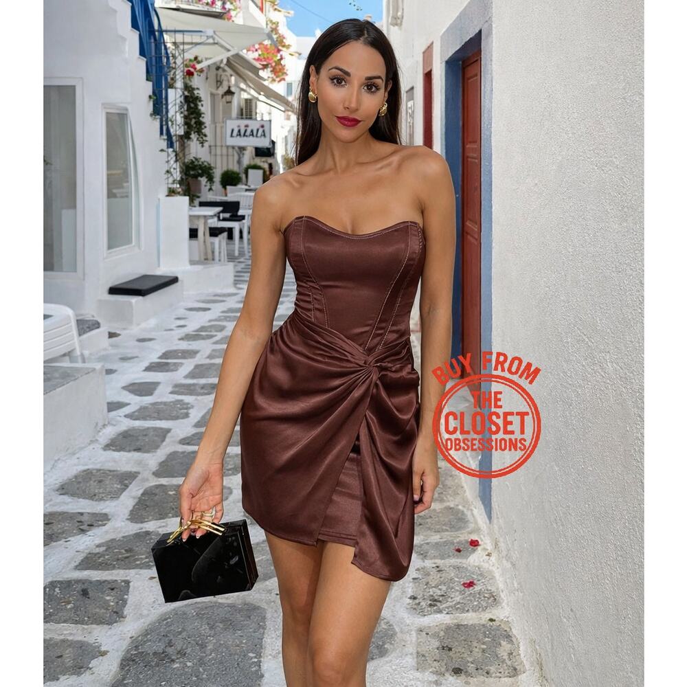 ZARA Strapless Satin Short Dress NWT Brown Size L